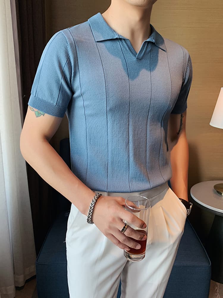 Men's V-neck Knitted Ice Silk Short Sleeve T-shirt 14