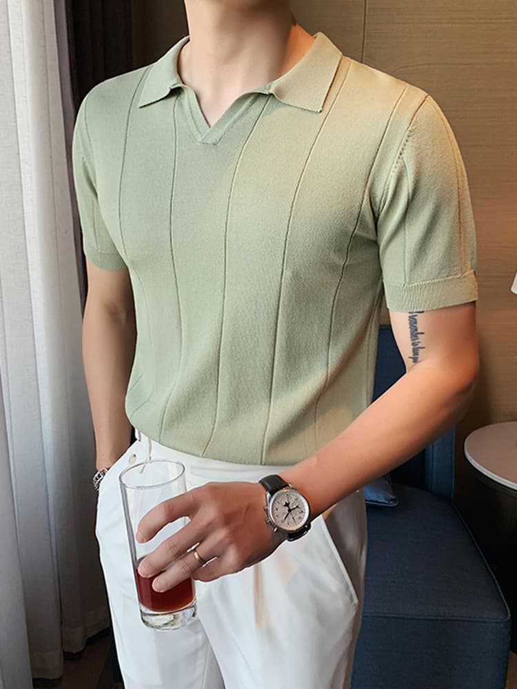 Men's V-neck Knitted Ice Silk Short Sleeve T-shirt - alternate view