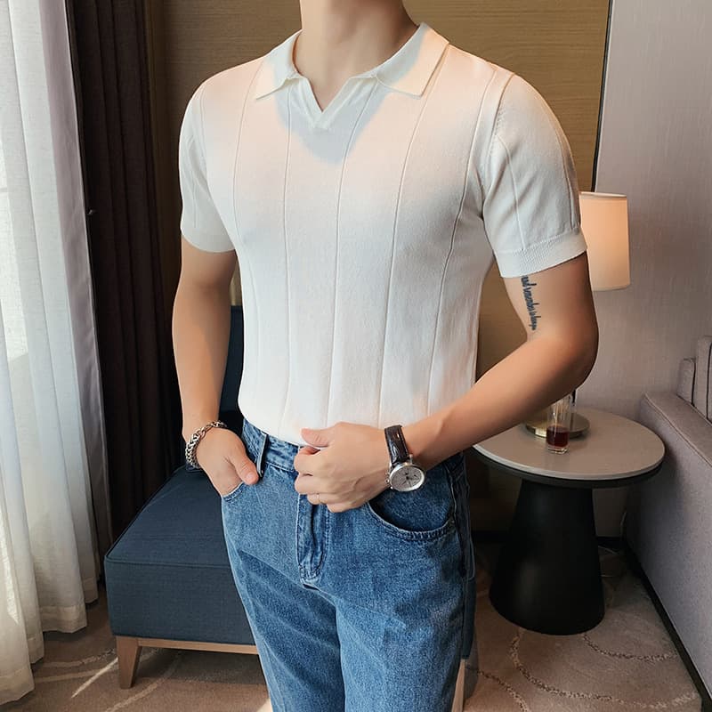 Men's V-neck Knitted Ice Silk Short Sleeve T-shirt 3